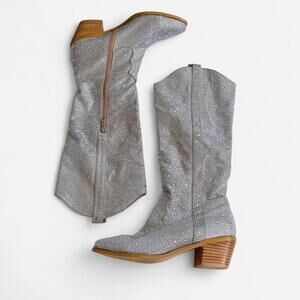 Silver Knee High Rhinestone Cowgirl Boots